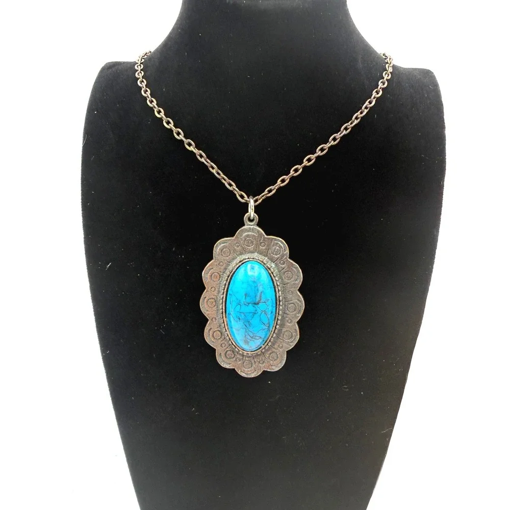 Necklace Womens Faux Turquoise Pendant Blue Boho Bronze